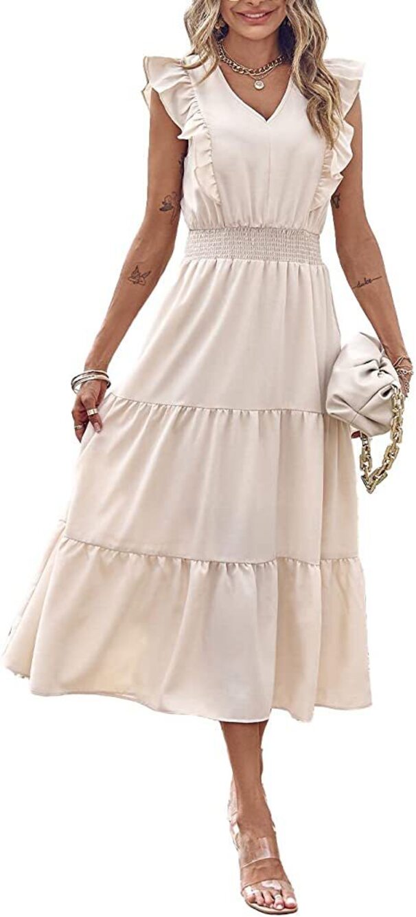 Women's White V-Neck Ruffle-Sleeve Tiered Maxi Dress